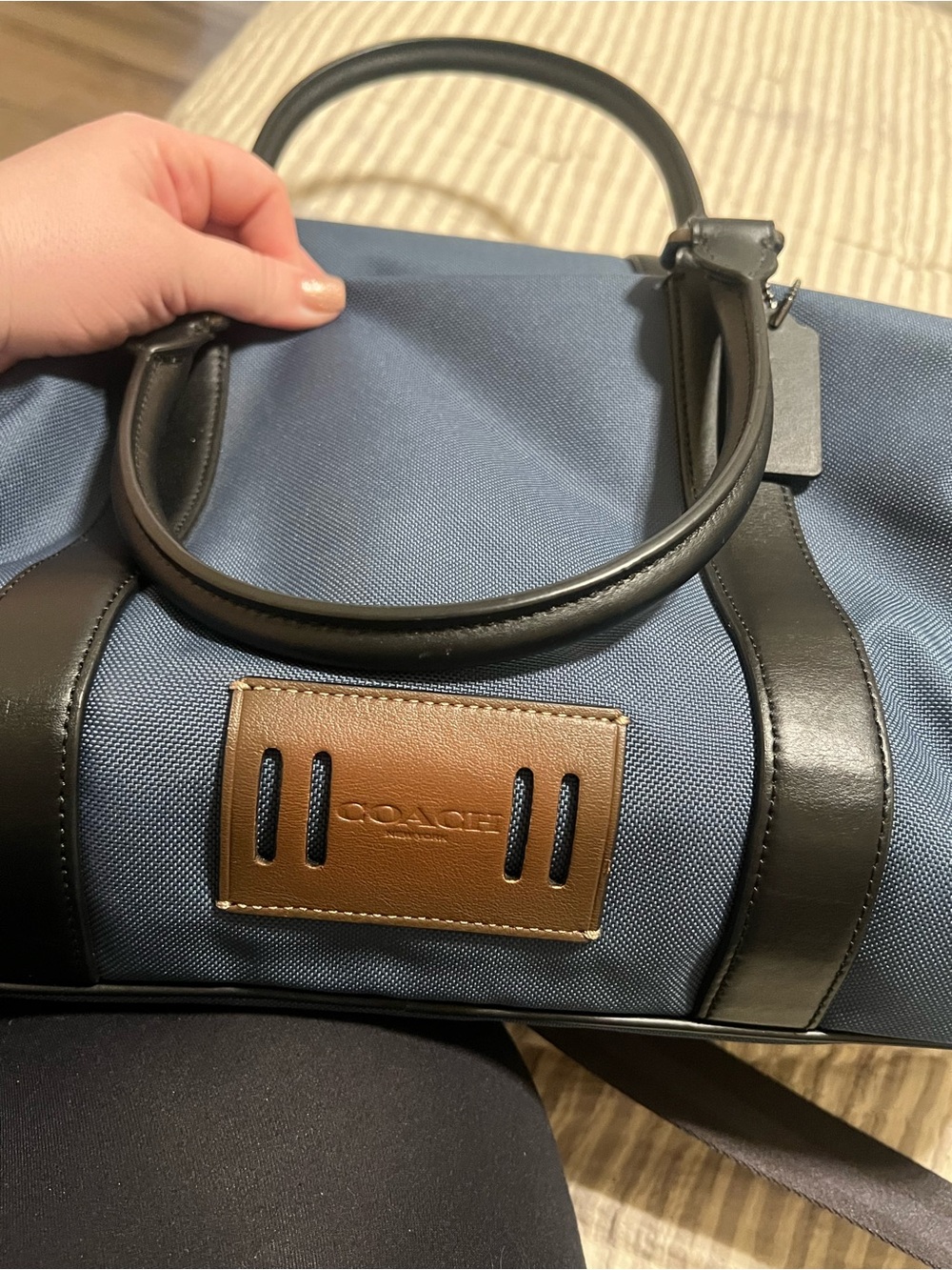 Coach Blue Canvas Duffel with Black Leather Trim and Brown Patch - Picture 3 of 5